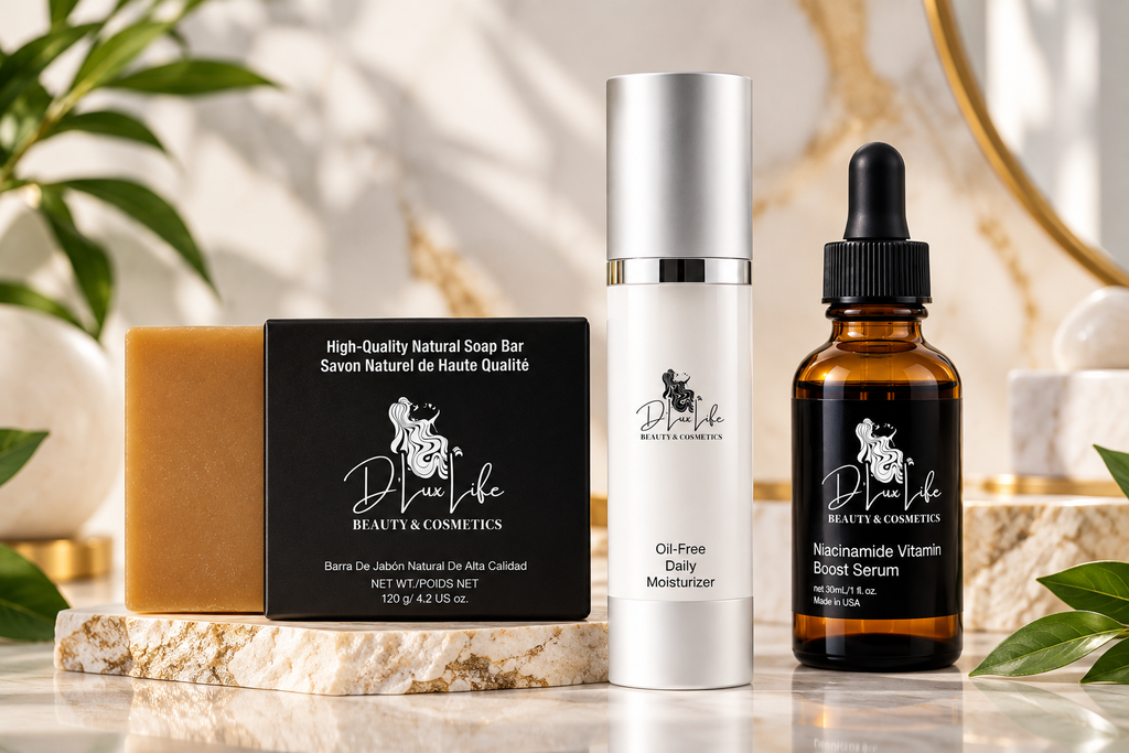 Three skincare products from D'Lux Life Beauty & Cosmetics arranged on a marble surface: a turmeric natural soap bar in a black box, a white oil-free daily moisturizer bottle, and an amber niacinamide vitamin boost serum dropper bottle, with decorative plants and a gold-framed mirror in the background.